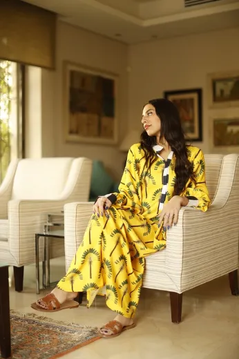 Picture of Yellow Palm Trees Balloon Sleeve Kaftan